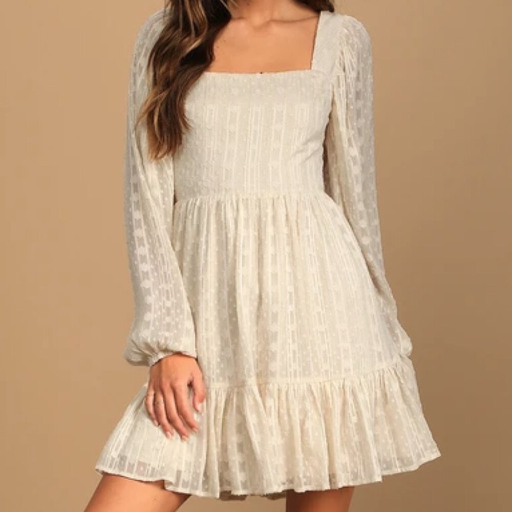 Lulu's Only You and I Cream Long Sleeve Tie-Back Mini Skater Dress NWOT